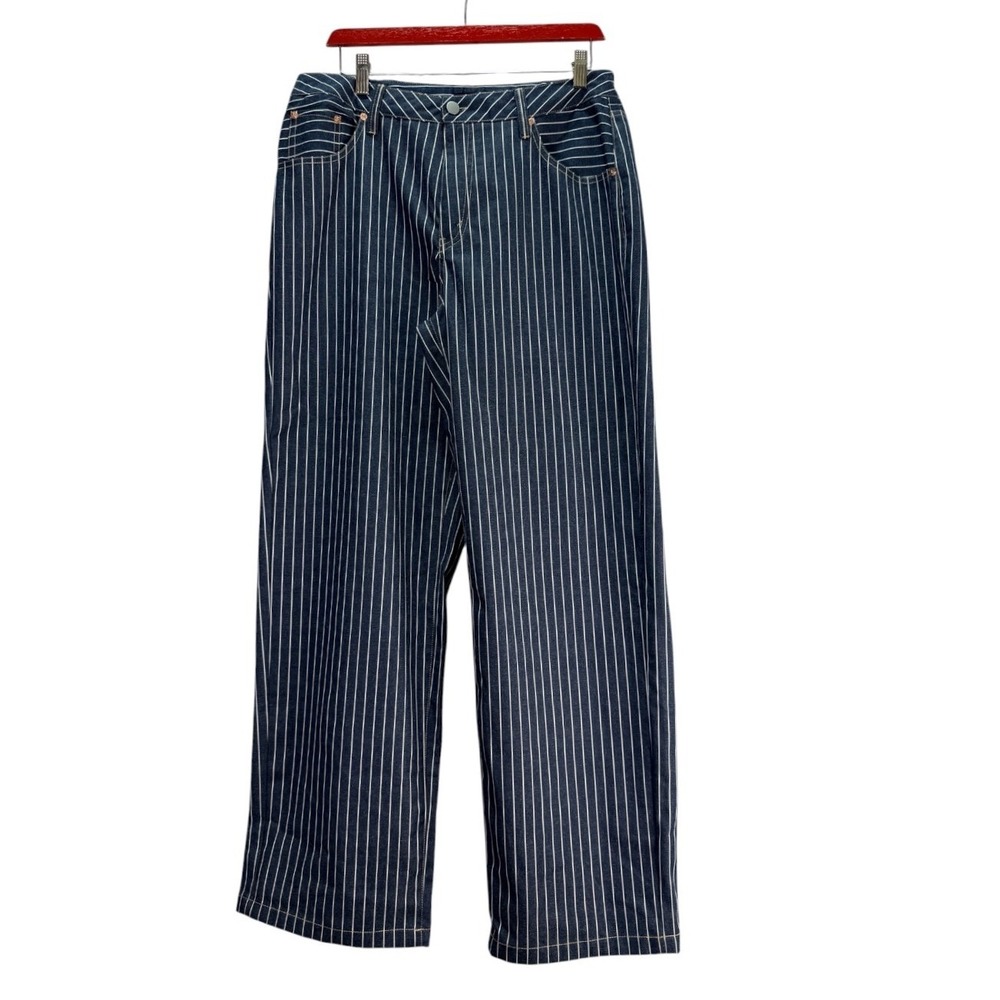 Flamingals Pinstripe Denim Pants Womens XL 32x30 Blue Wide Leg Lightweight Y2K
